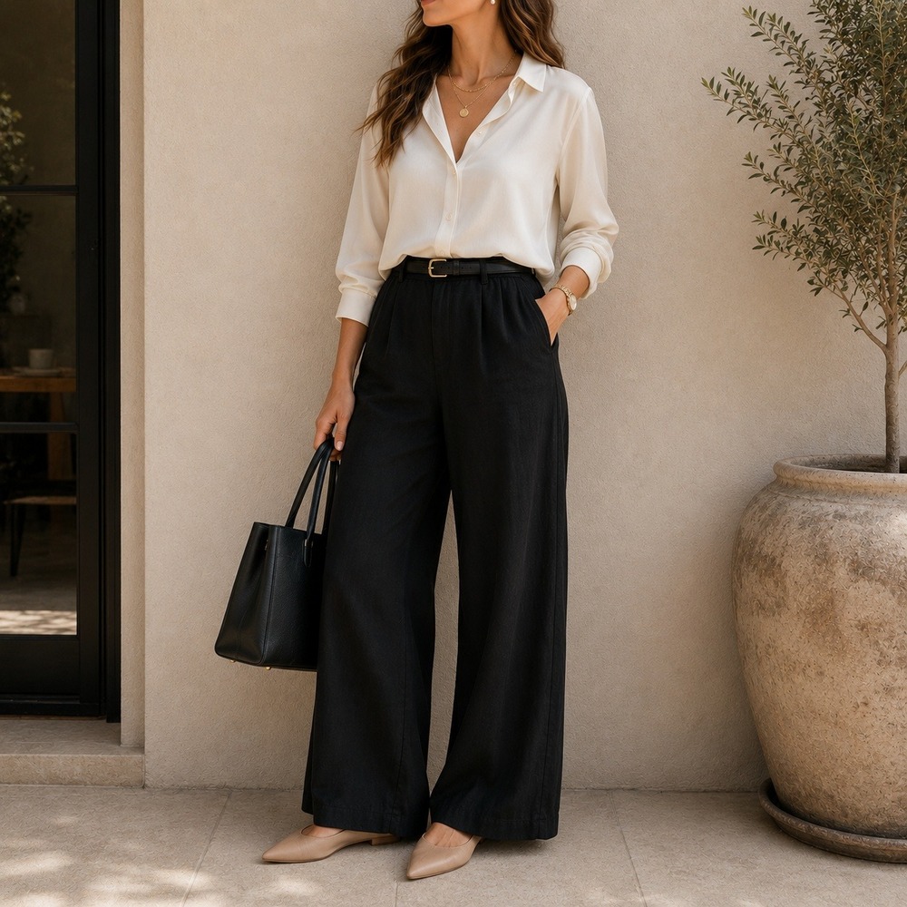 H&M Black Wide Leg Pants 6 Linen High Waist Office Chic Capsule Wardrobe - Picture 2 of 8